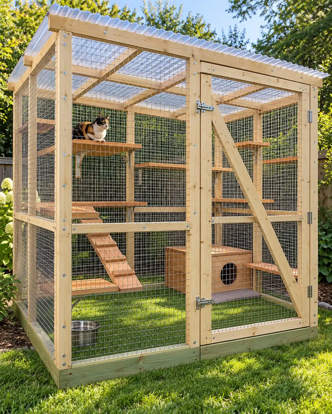 A freestanding walk-in catio on a lawn with a clear panel roof, a catio like the ones in our freestanding plans