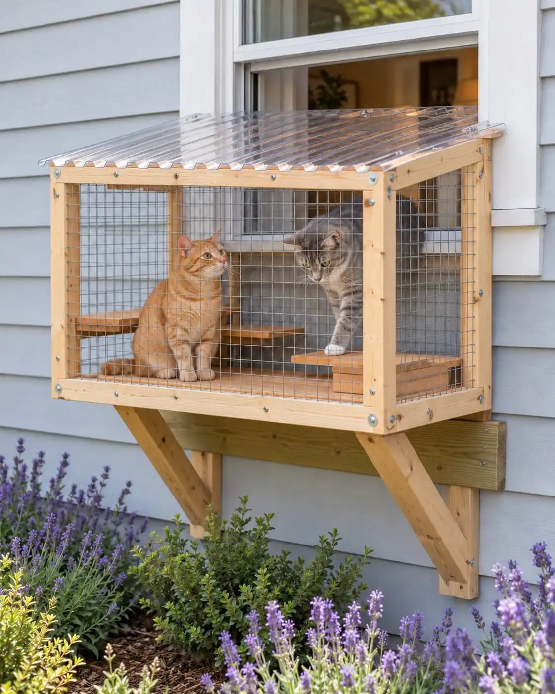 A window box catio like the one in our plan on knee braces under an open window, two cats inside